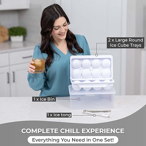 Miniatura 2 de Paquete de 2 bandejas de cubitos de hielo esféricos grandes (2.5 pulgadas) (lengüeta + caja) (8 cavidades), bandejas redondas para cubitos de hielo