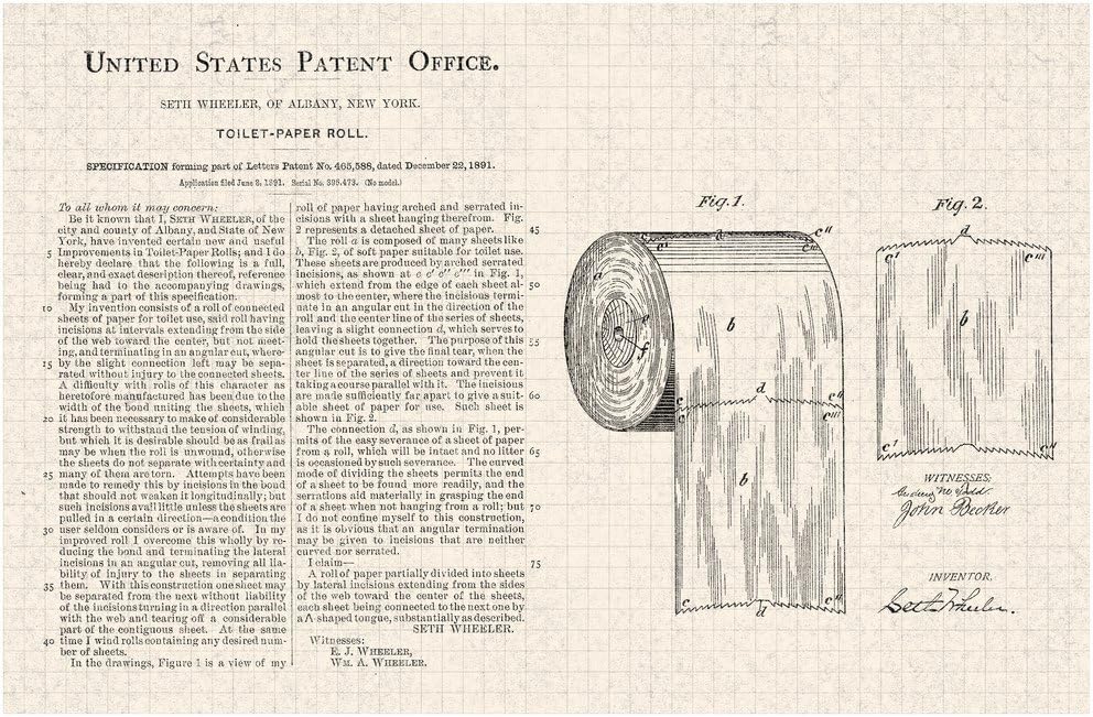 Laminated Toilet Paper Roll Official Patent Diagram Poster Dry Erase Wall Art 36x24