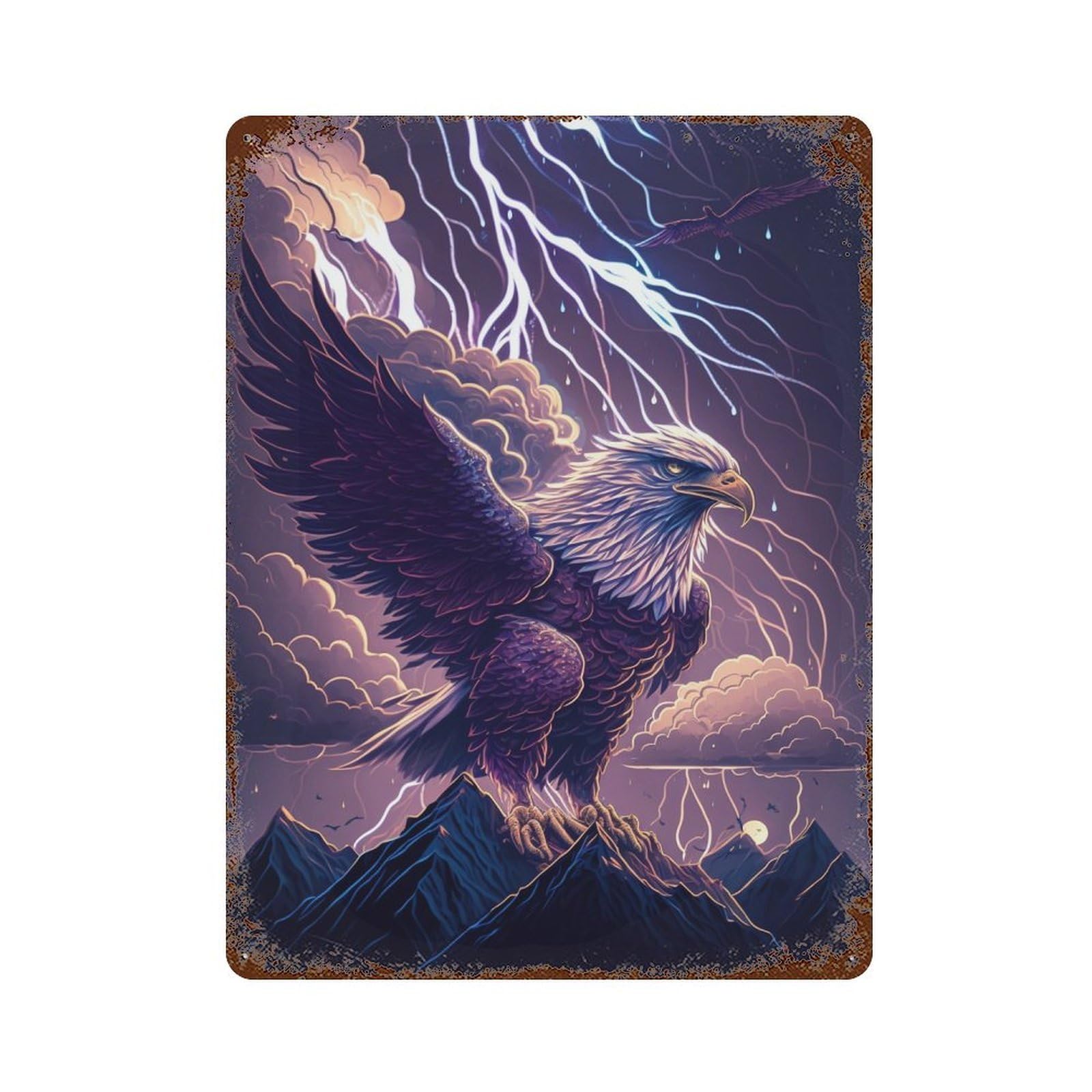 Garage Style Eagle Lightning Mountain Artwork Distressed Metal Wall Sign 15.7"x11.8", Farmhouse Wall Decor for Bar And Workshop