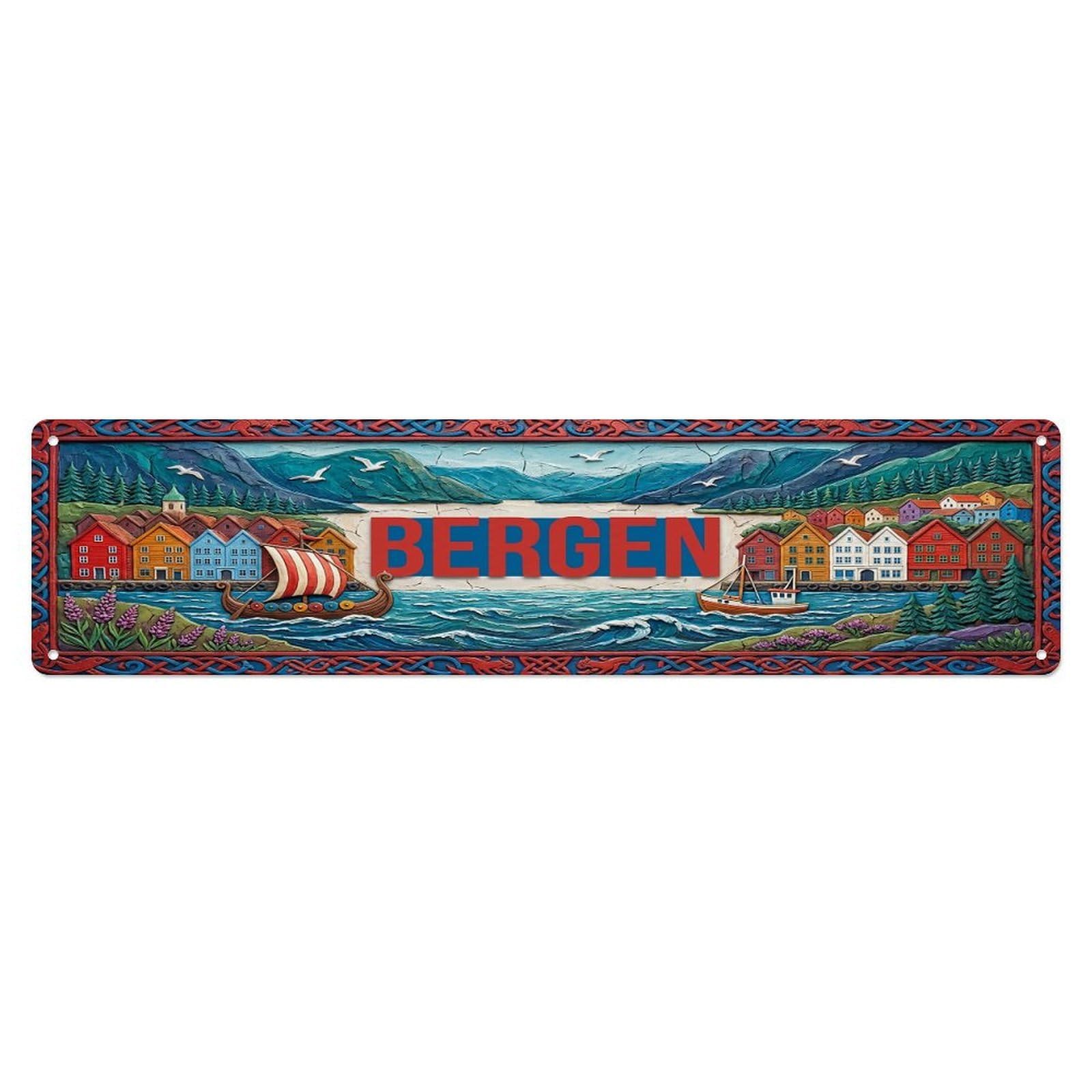 Olhnbad 4X16inch(10X40cm) Vintage Bergen Norway Flag Pattern Metal Tin Sign