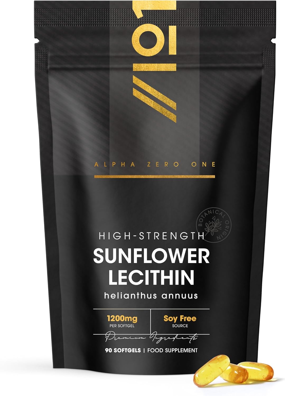 Sunflower Lecithin 1200mg – Produced from Naturally Sourced Soy Free Sunflower Oil – 90 Softgels 3 Months Supply – Pure &amp; Potent Helianthus Annuus - Resealable and Recyclable Pouch by Alpha01