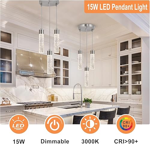 Miniatura 2 de Lámparas colgantes LED de cristal para isla de cocina, lámpara colgante moderna de 3 luces de níquel cepillado, iluminación colgante de isla