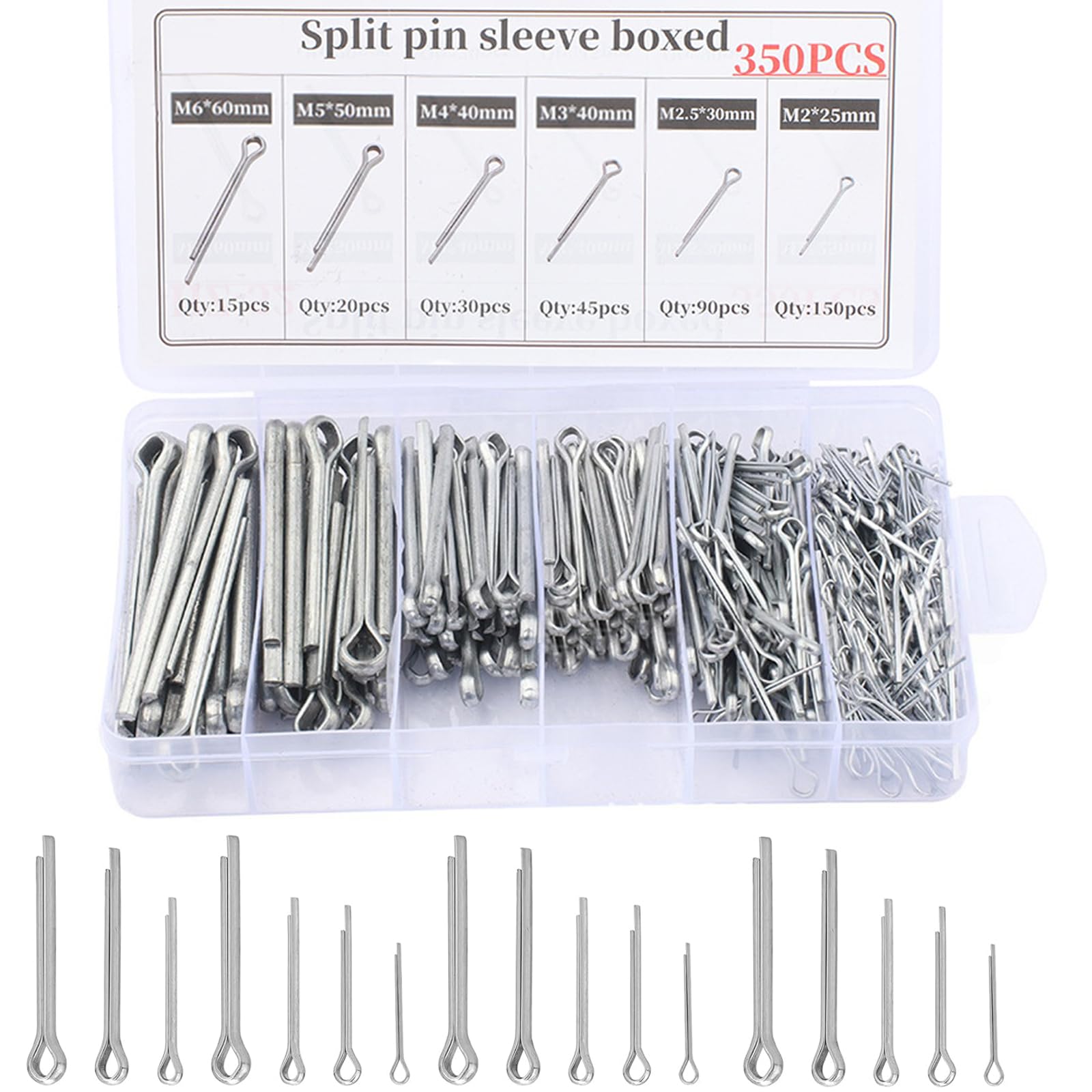 350 Stück Splinte Sortiment, Edelstahl Splinte Set Sicherungssplint mit Kasten Karosserie Clips Federstecker in 6 verschiedenen Größen M2 M2.5 M3 M4 M5 M6
