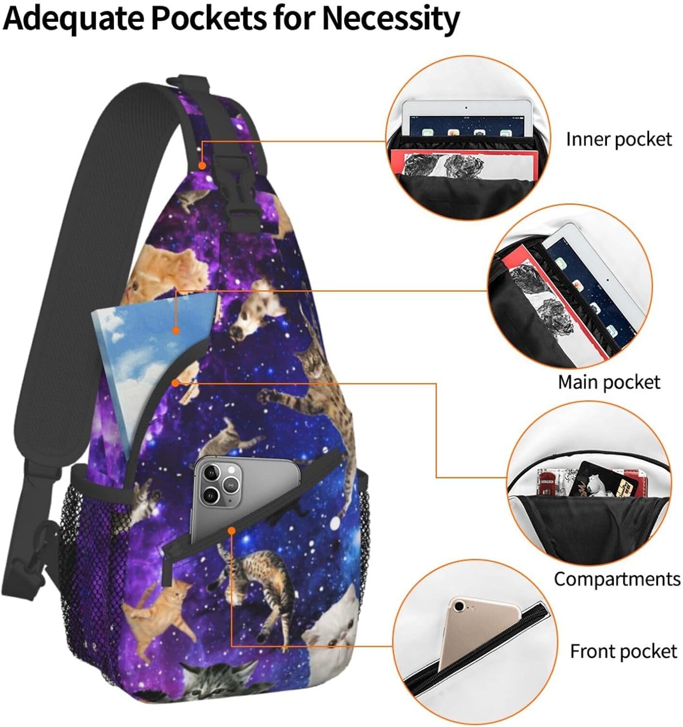 Cute Funny Cat Crossbody Sling Backpack, Cartoon Cat Chest Sling Bag Daypack Adjustable, One Size - Image 3