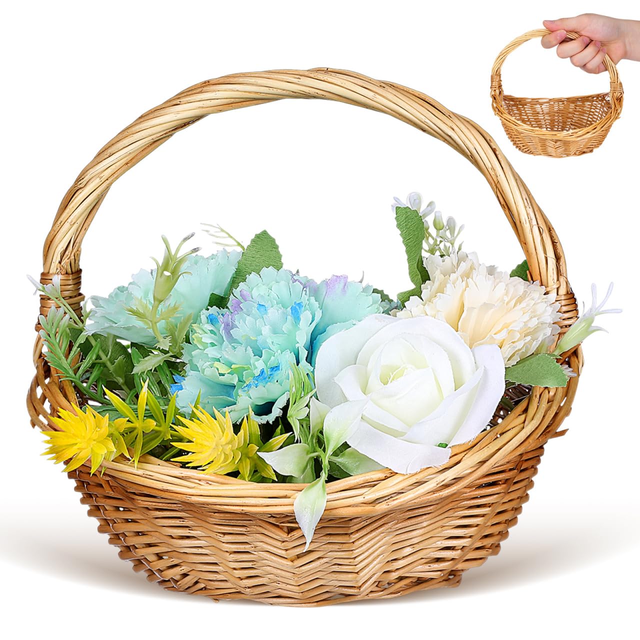 Toddmomy Cesto di fiori in rattan intrecciato a mano, cestino in paglia di salice, cestino per frutta, verdura, pane, picnic, matrimoni, fiori, ragazze, cestini con manico, per decorazioni rustiche