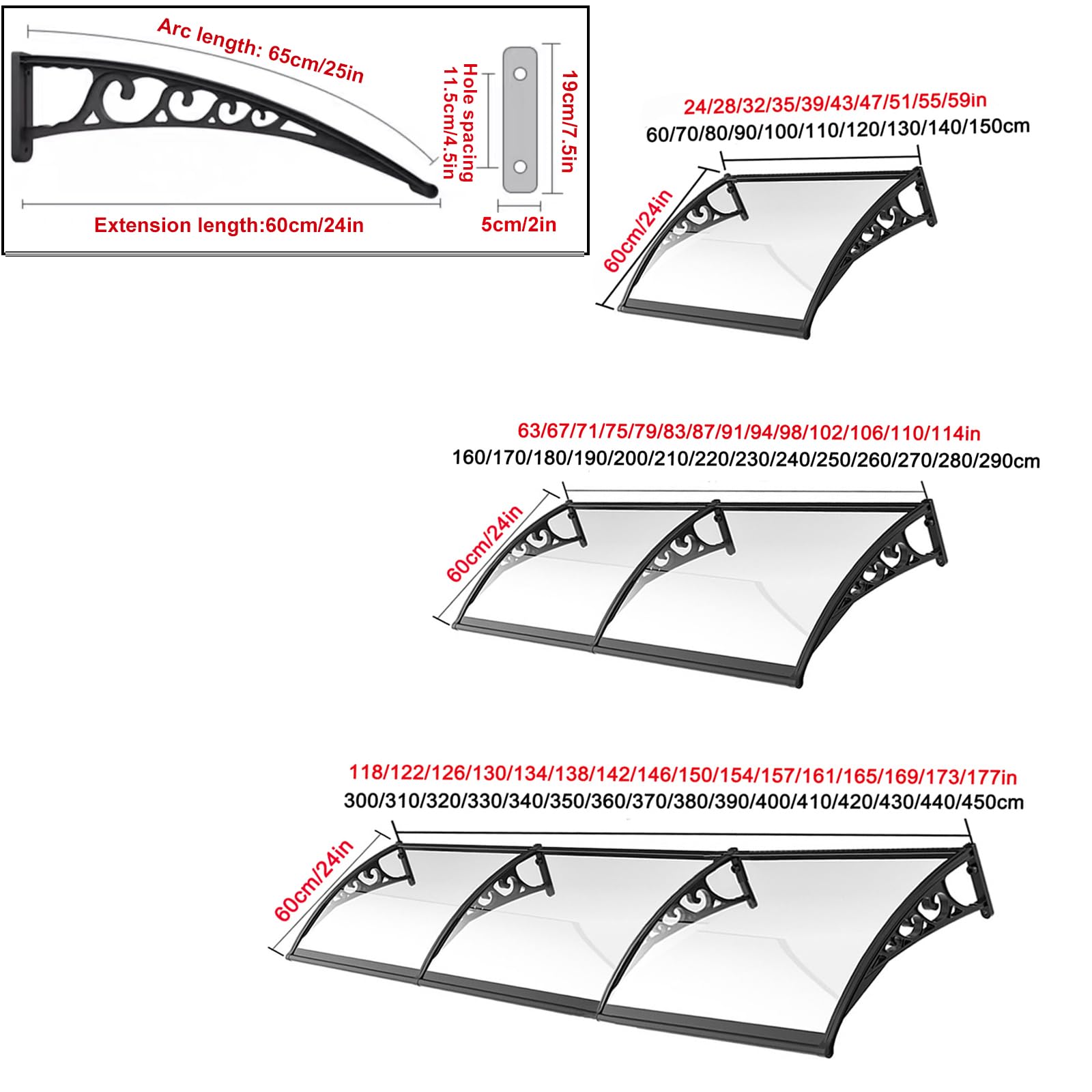 Pensilina Tettoia per Finestra,Pensilina Ingresso Trasparente,Tettoia per Porta Curva,Pensilina Copriporta,Tende da Sole,Pioggia UV Neve Protezione,Con Staffa,per Esterno (60x150cm/24"x59",Black)