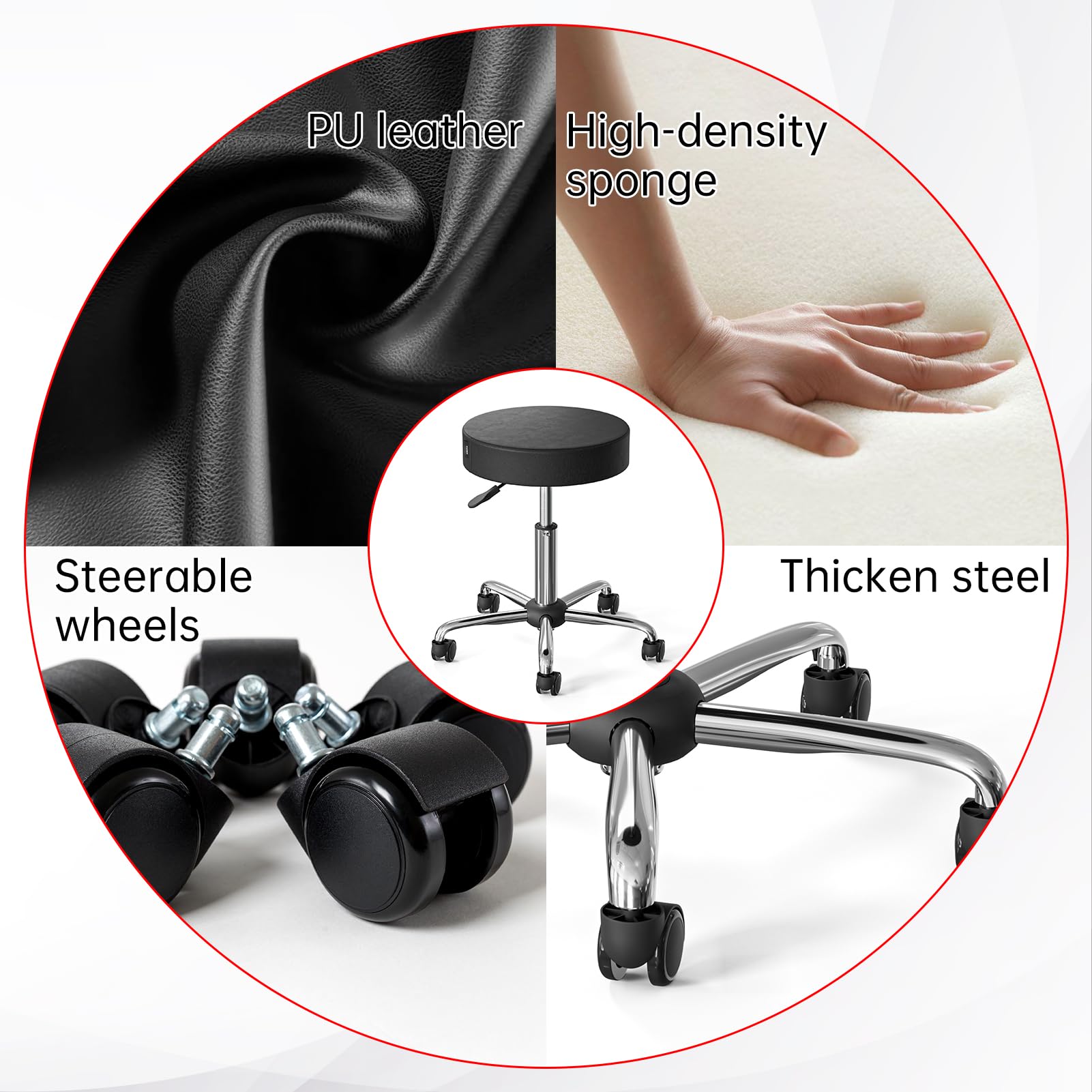Taburete redondo con ruedas para silla giratoria ajustable de hasta 440 libras, pies de metal con ruedas para spa, masaje, salón, hogar, oficina, médico, tatuaje, bar, negro 5