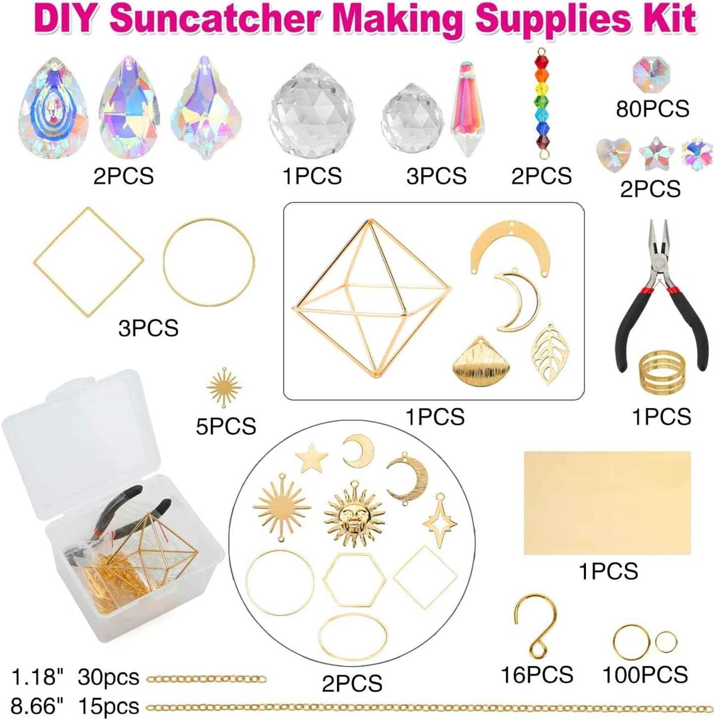 400Pcs Gold Tone DIY Suncatcher Craft Kit, Crystal Prism Rainbow Hanging Decor, Boho Window Garden Art Making Supplies