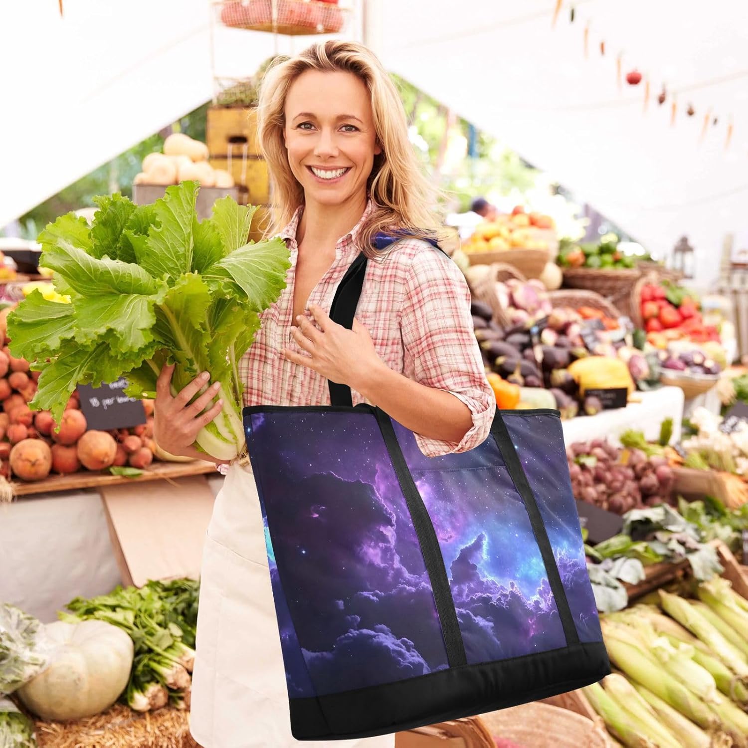 Large Insulated Tote Bag Nebula Purple Blue for Grocery Shopping Reusable Tote Bags for Women Men, Cooler Bag with Zippered Top & Handles for Beach Picnic Travel