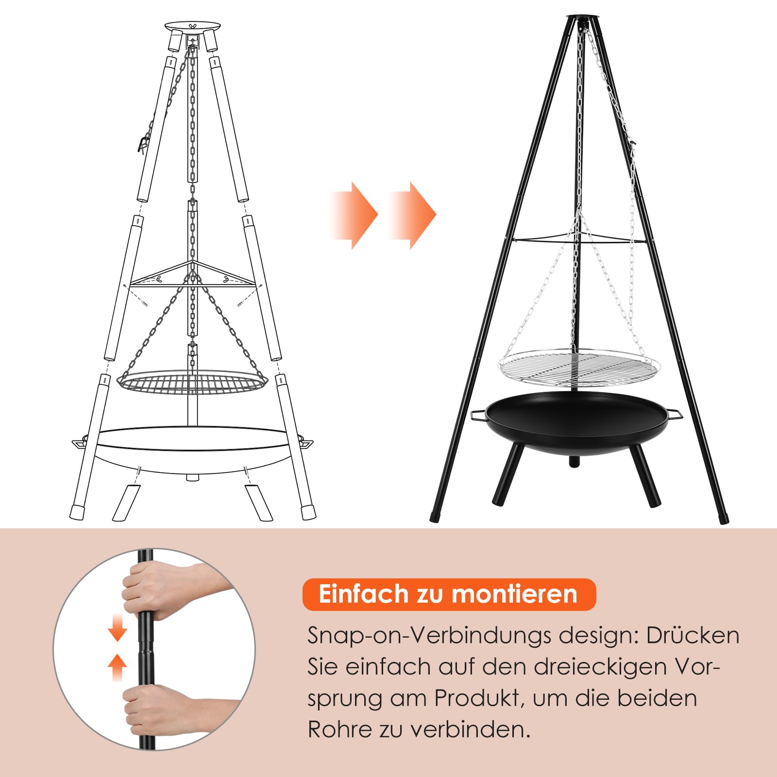 TLSUNNY Barbecue Pivotant avec Brasero, Barbecue Trépied avec Chaîne, Barbecue Charbon de Bois, Réglable en Hauteur de 200 cm, Ø68 cm Brasero avec Poignée, Foyer Extérieur pour Griller et Chauffer