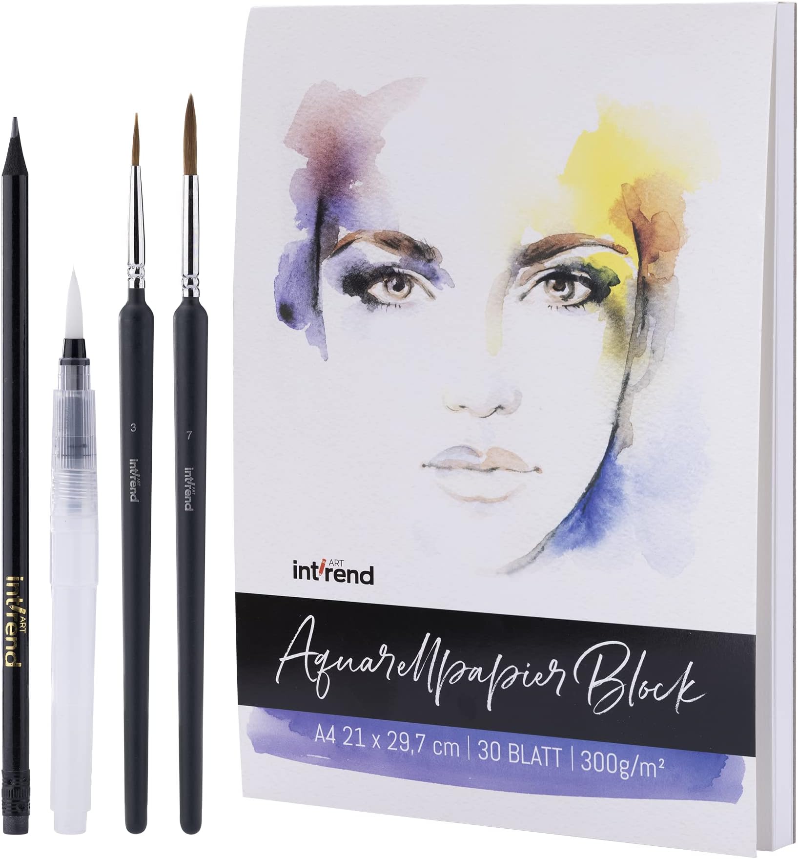 int!rend Watercolour Paper DIN A4 300gsm - 30 White Glued Painting Paper + Water Tank Brush + 2 Brushes + Pencil - Premium Water Colour Pad, Paint Book & Sketchbook