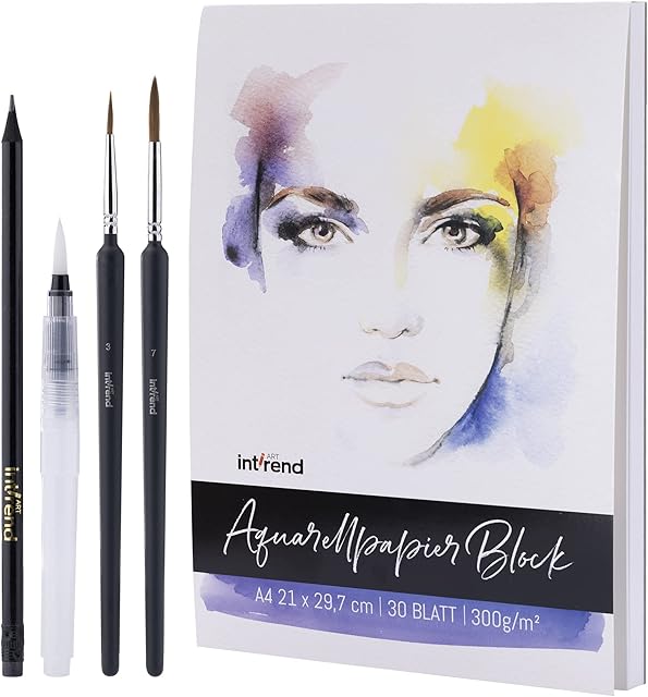 int!rend Watercolour Paper DIN A4 300gsm - 30 White Glued Painting Paper + Water Tank Brush + 2 Brushes + Pencil - Premium Water Colour Pad , Paint Book & Sketchbook