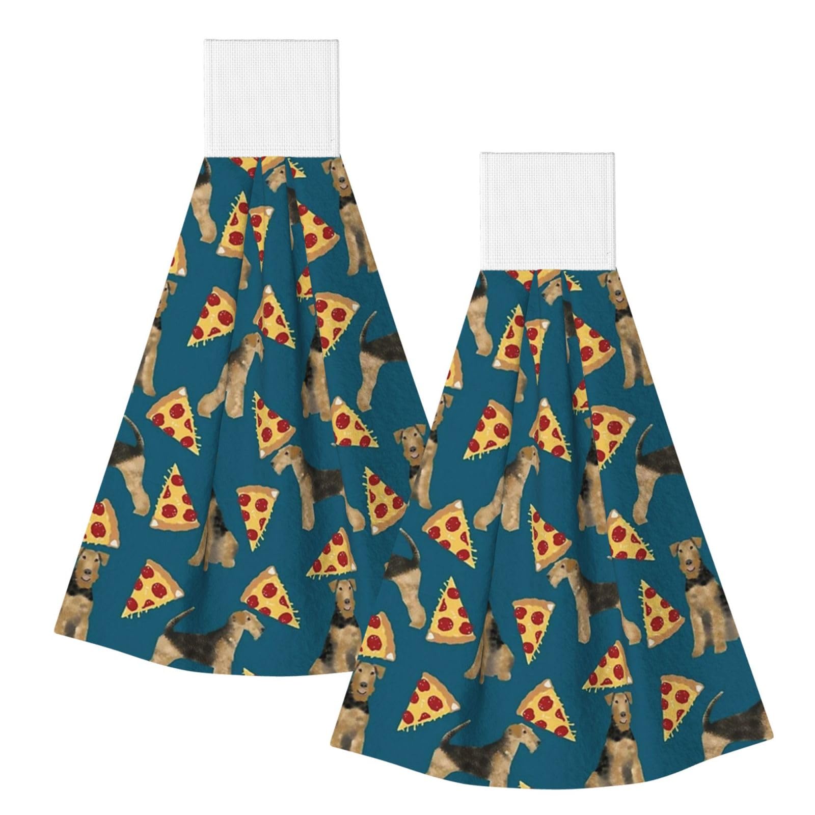 DOPKLNA Airedale Terrier Pizza, 2 Pcs Hanging Coral Fiber Hand Towels for Bathroom, Absorbent Kitchen Towels