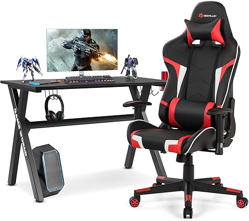 Miniatura 10 de Goplus Juego combinado de escritorio y silla para juegos, estilo carreras en forma de X para jugadores de E-Sport y silla de computadora de PVC con