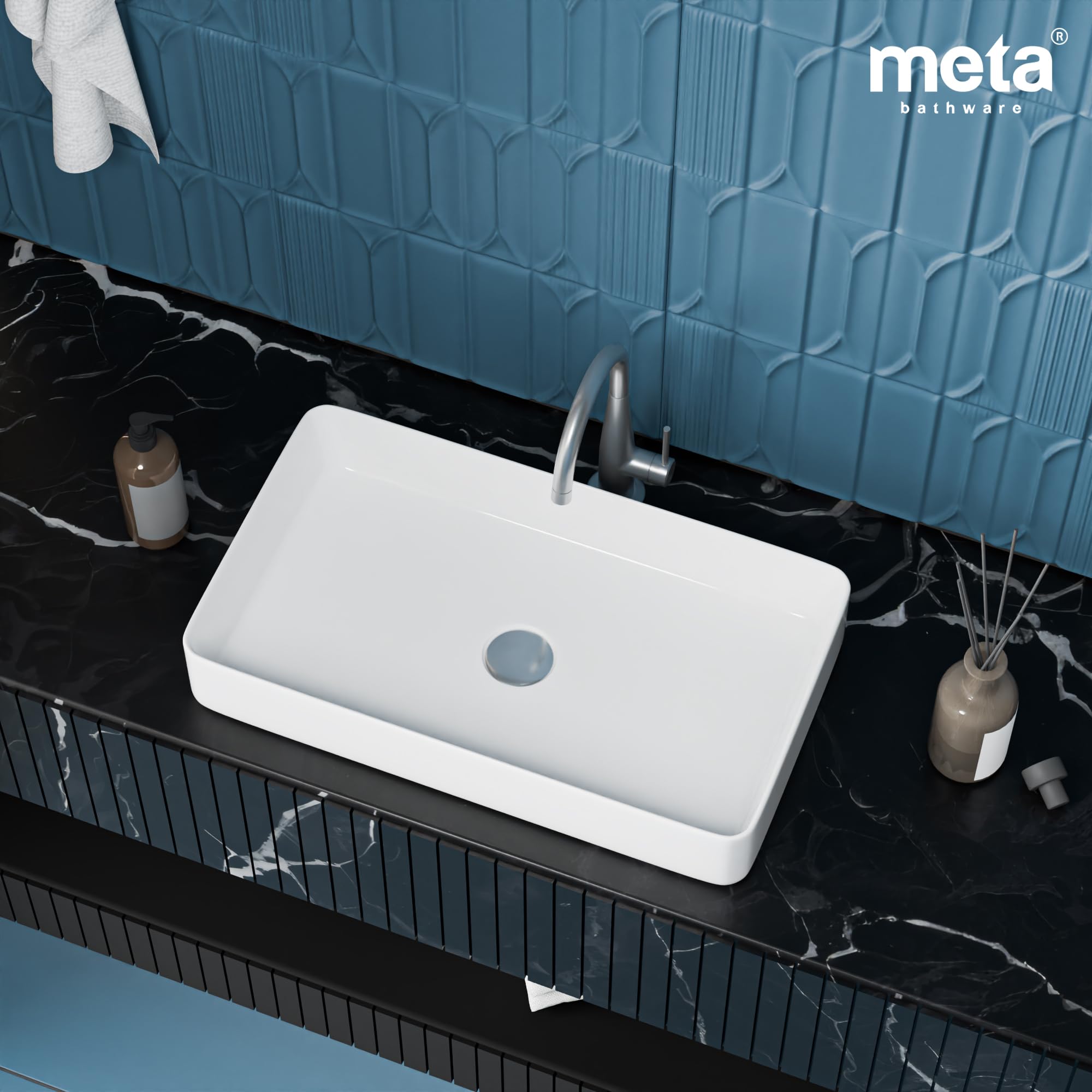 META Premium Rectangular Wash Basin | Contemporary Table Top Ceramic Sink for Bathroom | Sleek Glossy Finish | Modern Sanitary Ware for Home & Office (24x14x5 Inch)