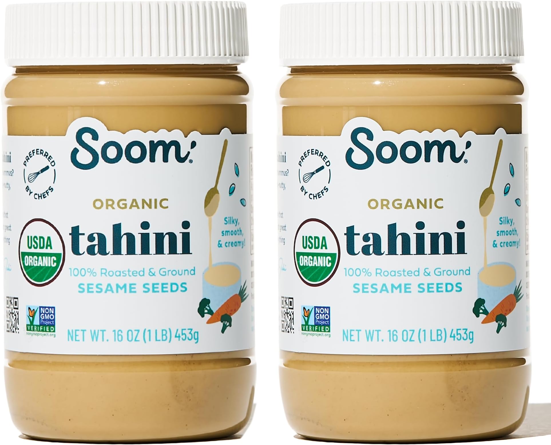 Soom Foods Organic Tahini, Creamy Sesame Paste, 16oz, 2 Pack | Silky-smooth, easy to mix organic sesame seed paste for hummus, dressings, sauces. Vegan, nut-free, kosher.