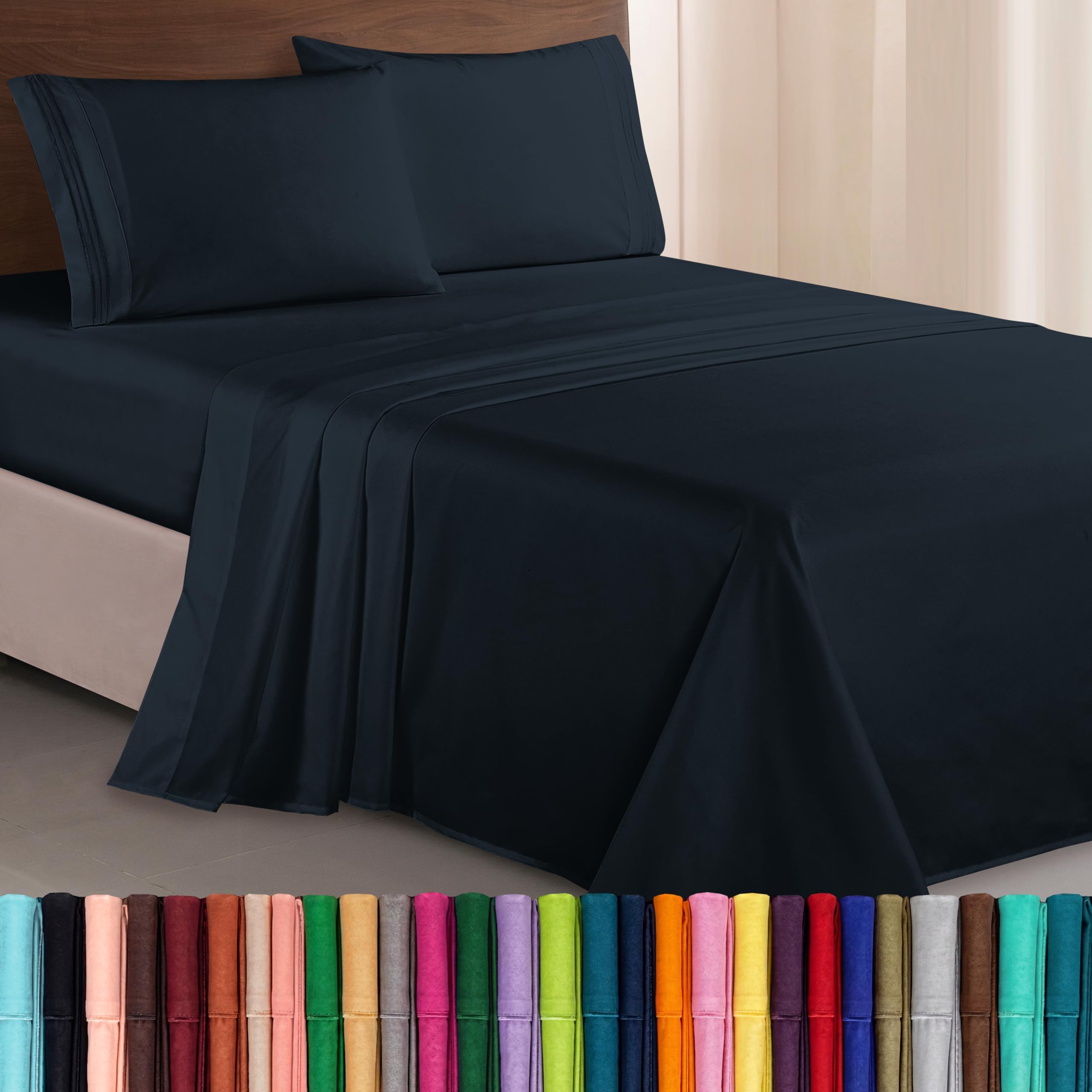 Elegant Comfort 1500 Premier Hotel Quality 4-Piece Bed Sheet Sets, Deep Pockets - Luxurious Wrinkle Free & Fade Resistant, King, Black