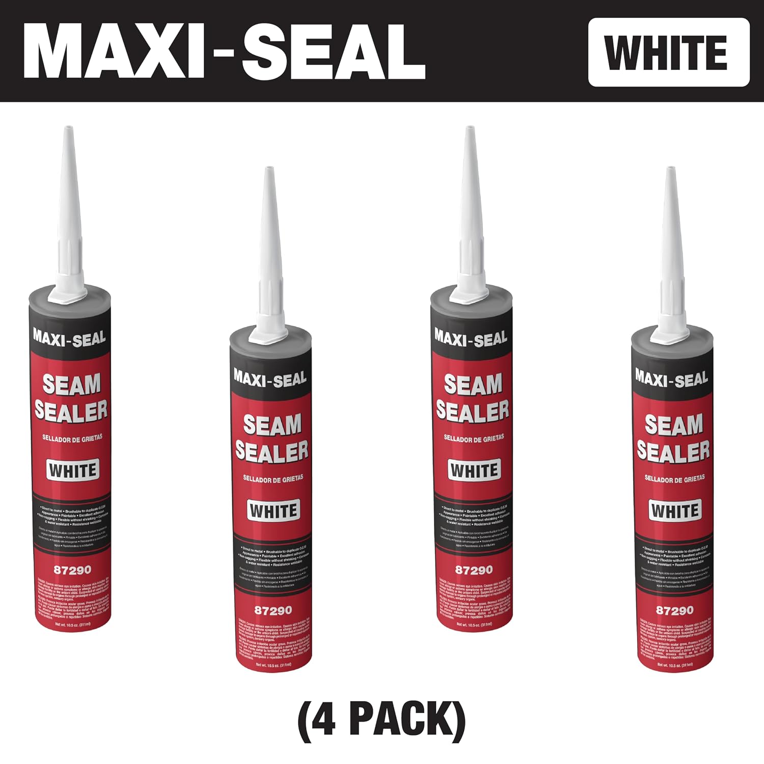 Maxi-Seal White Polyurethane Seam Sealer (4-Pack, 10.5oz Tube) | Durable & Flexible Auto Body Joint Compound | Brushable Automotive Filler to Duplicate OEM Finish 87290