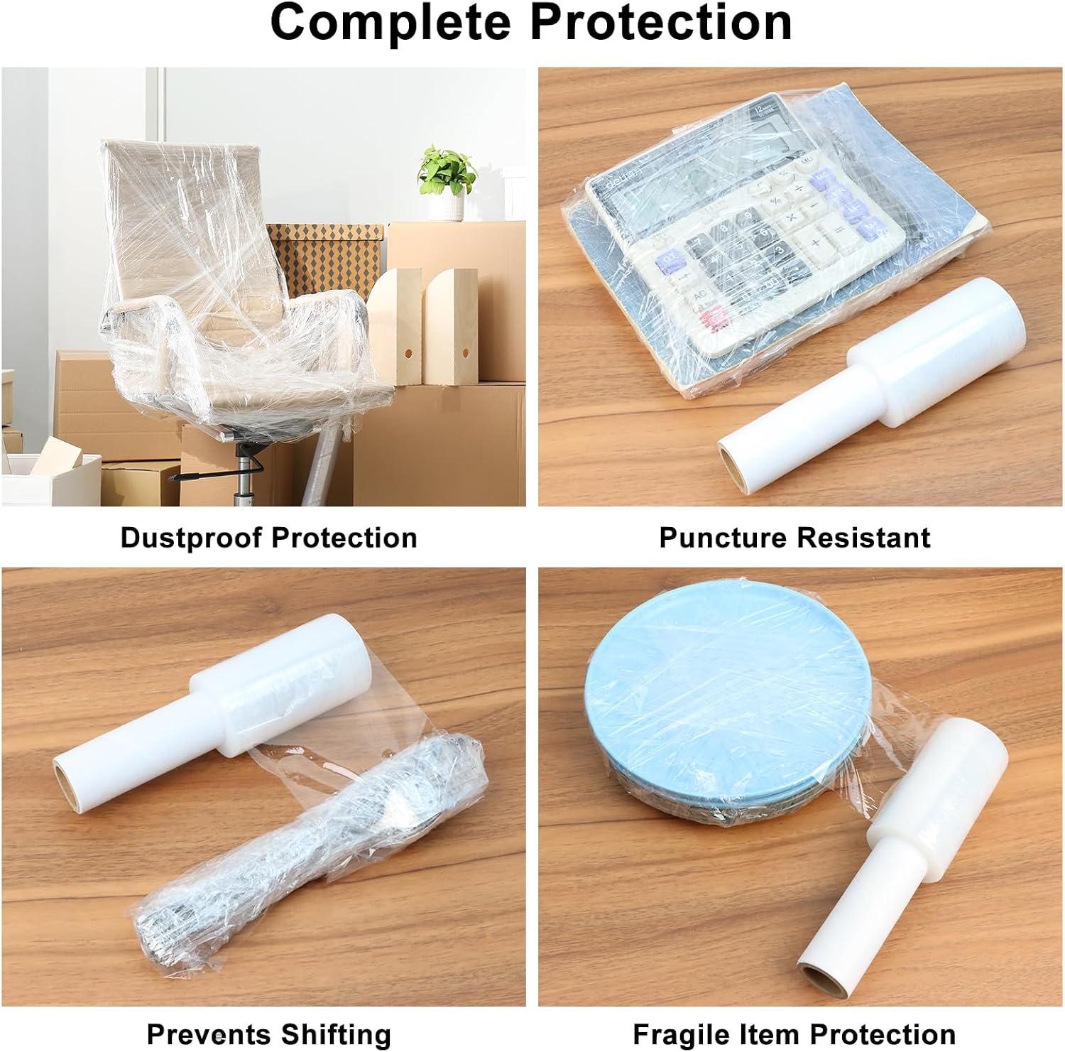 Stretch Film 4" × 500 ft, JUKFITA Shrink Wrap Rolls with Handle, 2 Pack Lightweight Plastic Wrap for Moving Waste-Free