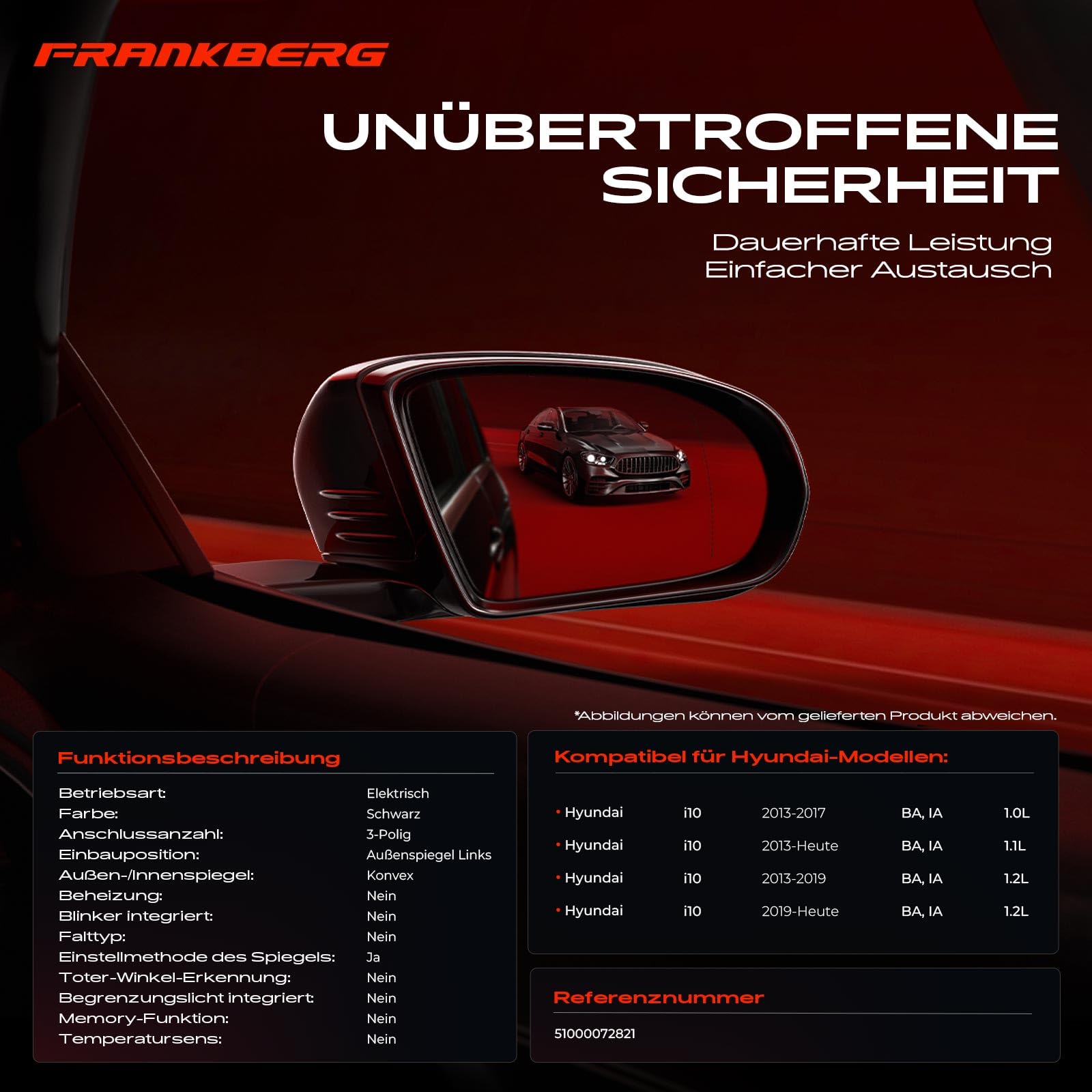 Frankberg Specchietto retrovisore esterno elettrico sinistro a 3 Poli | &-elettrico Regolazione specchietti Interruttore specchietti; Compatibile con: i10 BA IA