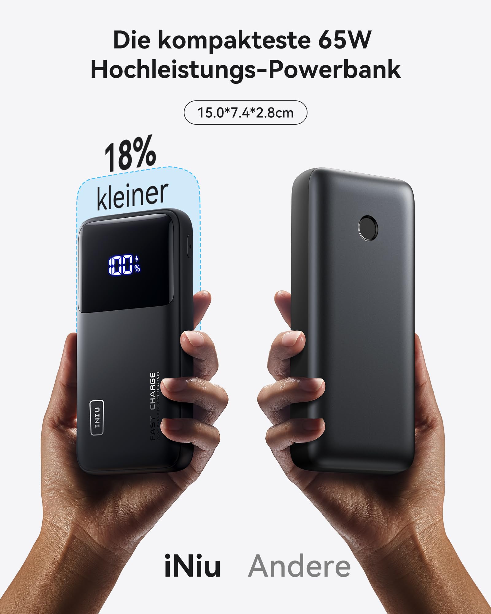 INIU 65W Schnellladung Laptop Powerbank, Small 20000mAh Externe Handyakkus | Flugzeug Geeignet, mit USB-C Kabel, Externe Handyakkus für MacBook, Steam Deck, iPhone 17 Samsung iPad uvm (Klassische Größe