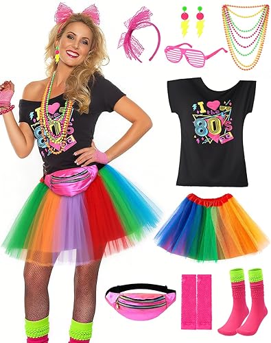 CEELGON Traje de los años 80 para mujer, accesorios de los años 80, disfraz, vestido estilo 1980, ropa de neón, camiseta de neón, falda tutú,