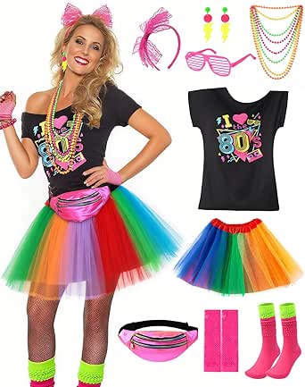 Womens 80s Outfits Women's 1980s Fancy Dress Costume Outfit - 80s Theme  Party, Hen Do, Tutu & T-Shirt 80s Costume Women