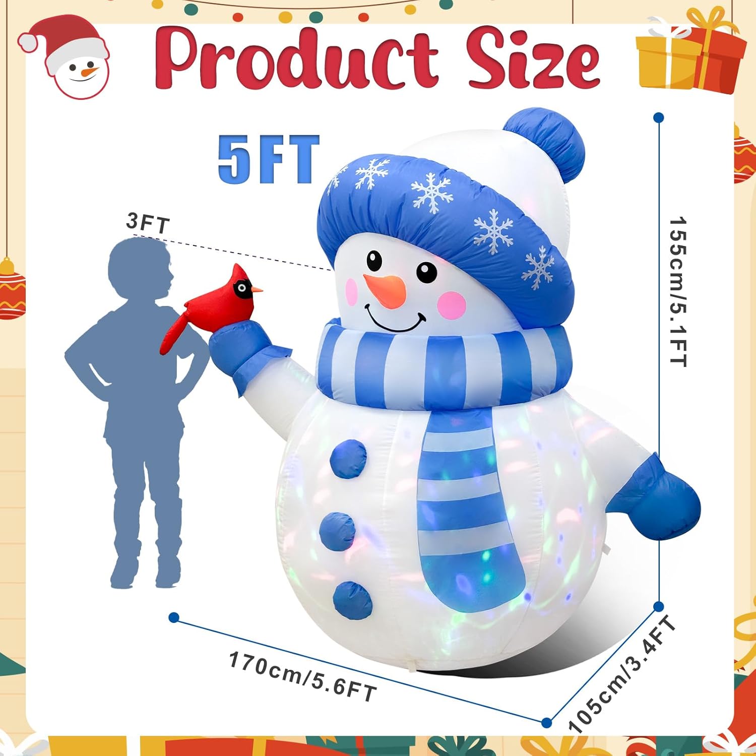 OurWarm 5FT Christmas Inflatable Outdoor Decoration, Inflatable Snowman Outdoor Christmas Blow up Yard Decorations with Colorful Lights and Cardinal, Outdoor Christmas Inflatables for Lawn Xmas Decor