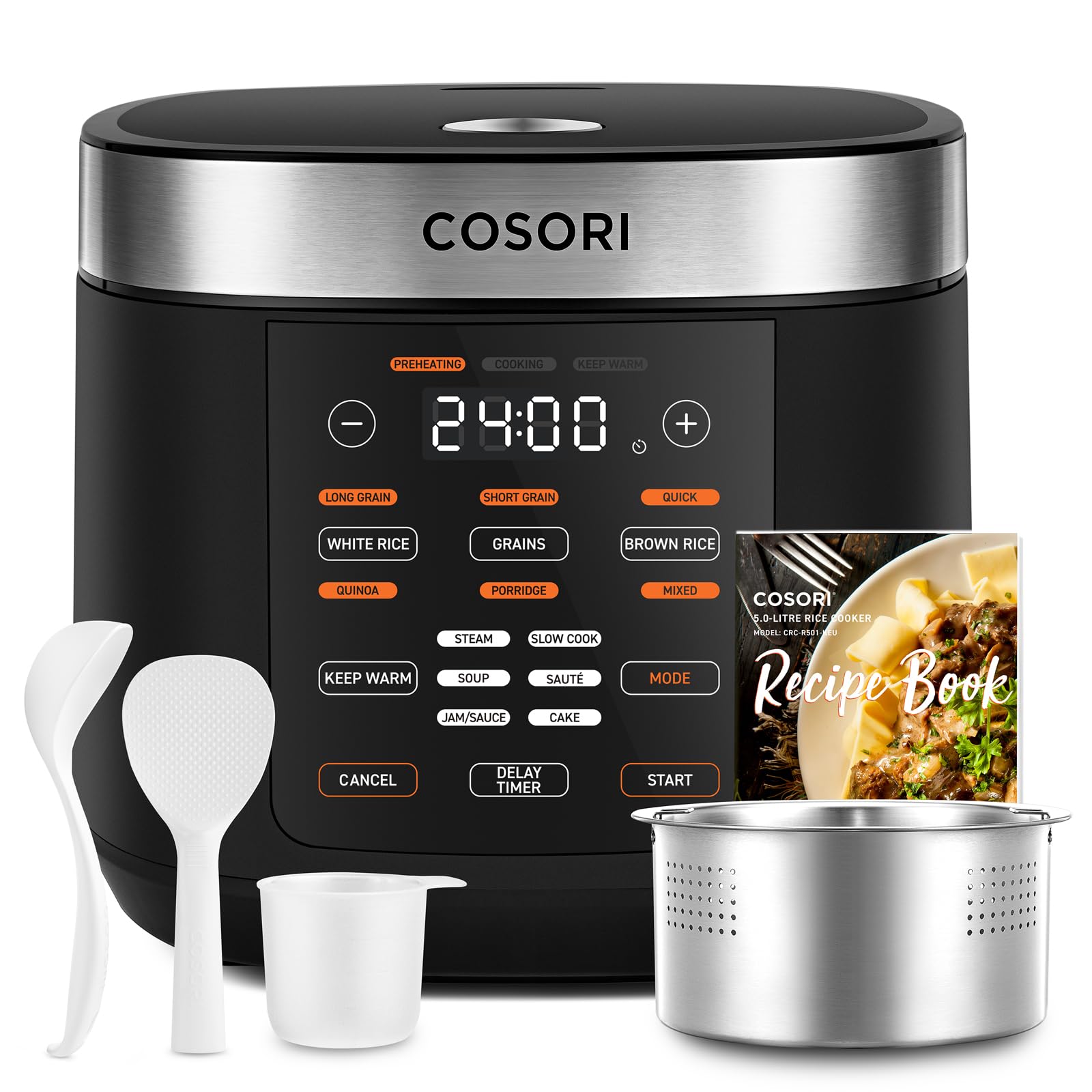 COSORI Arrocera Electrica 1,​8 L para 1-​10 Personas, 17 Programas, Incluye 50 Recetas, Lógica Difusa, Vaporera con Inserto de Acero Inoxidable, Mantener Caliente, Temporizador