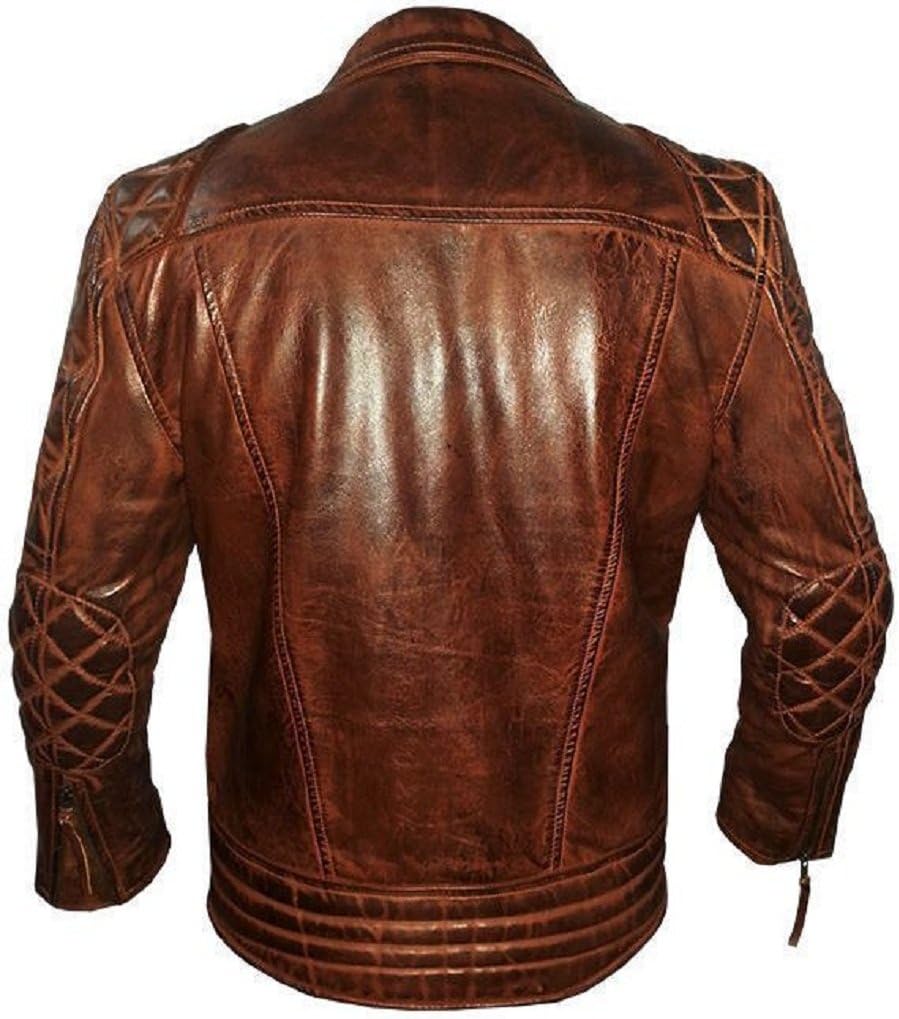 Mens Distressed Biker Cafe Racer Tan Brown Real Sheepskin Leather Motorcycle Jacket