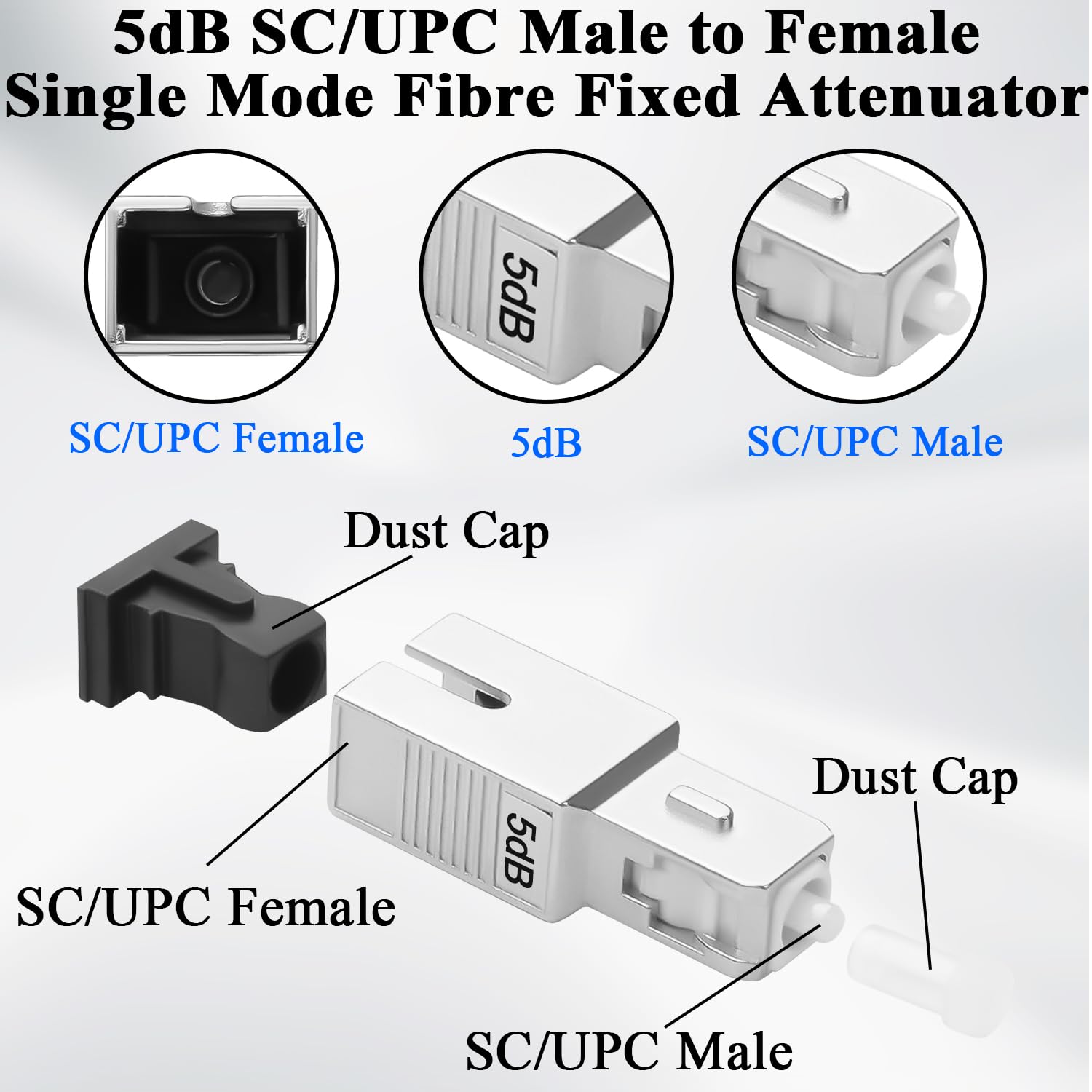 QIANRENON SC/UPC Attenuatore fisso in fibra ottica connettore 5dB SC maschio a femmina Singlemode Fibre Ottiche Fixed Attenuator Adattatore, Valore di attenuazione 5dB ± 0,5, per reti in fibra ottica
