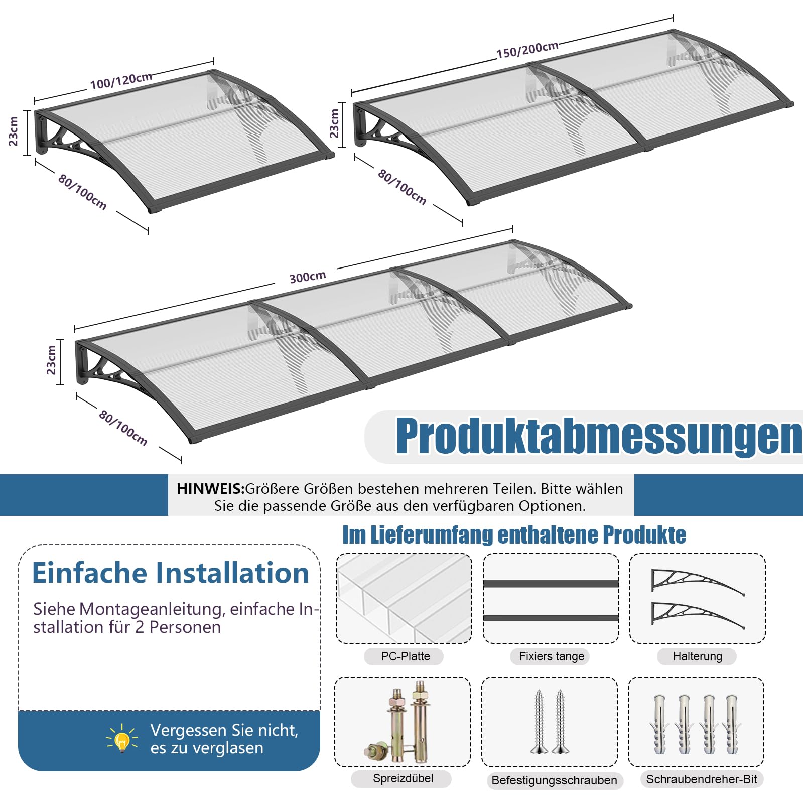Vordach für Haustür 100x300cm, UV Überdachung Haustür aus Polycarbonat – Schützt vor Regen Schnee für Terrasse, Veranda Fenster
