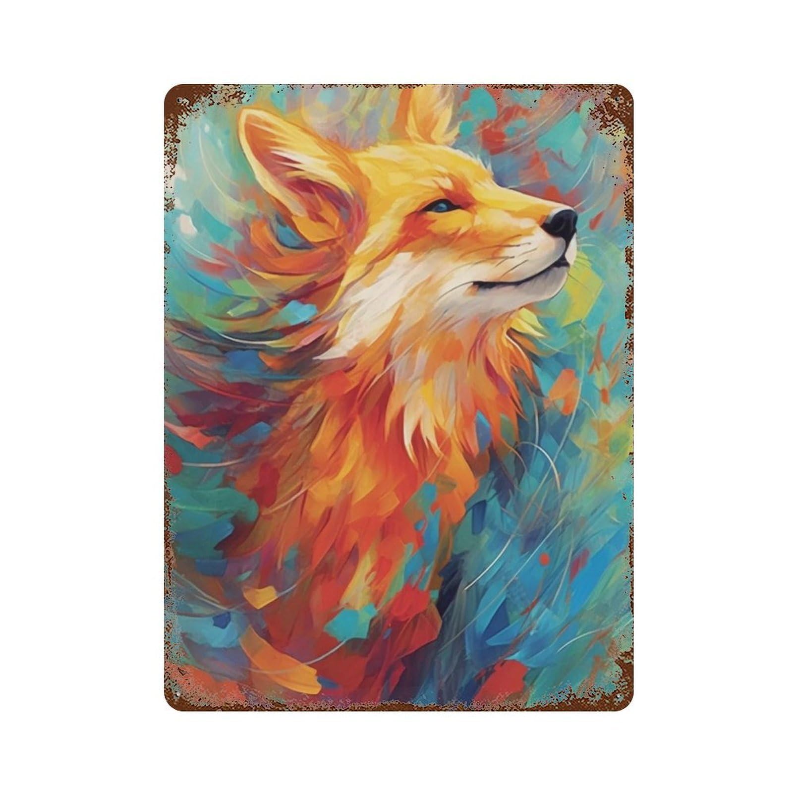 Weathered Tin Sign Colorful Fox Painting 15.7"x11.8", Rustic Home Decor for Bistro, Counter And Cafe Decor