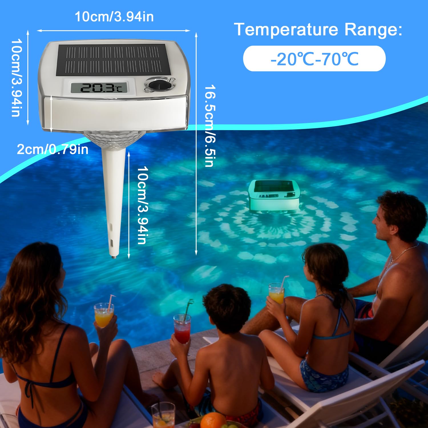 Solar Pool Thermometer,Poolthermometer Schwimmend mit Dynamischer Beleuchtung,LCD-Bildschirm für Einfaches Ablesen,IP68 Wasserdicht,8 Dynamischen Lichteffekten,für Schwimmbad,Whirlpool,Spa