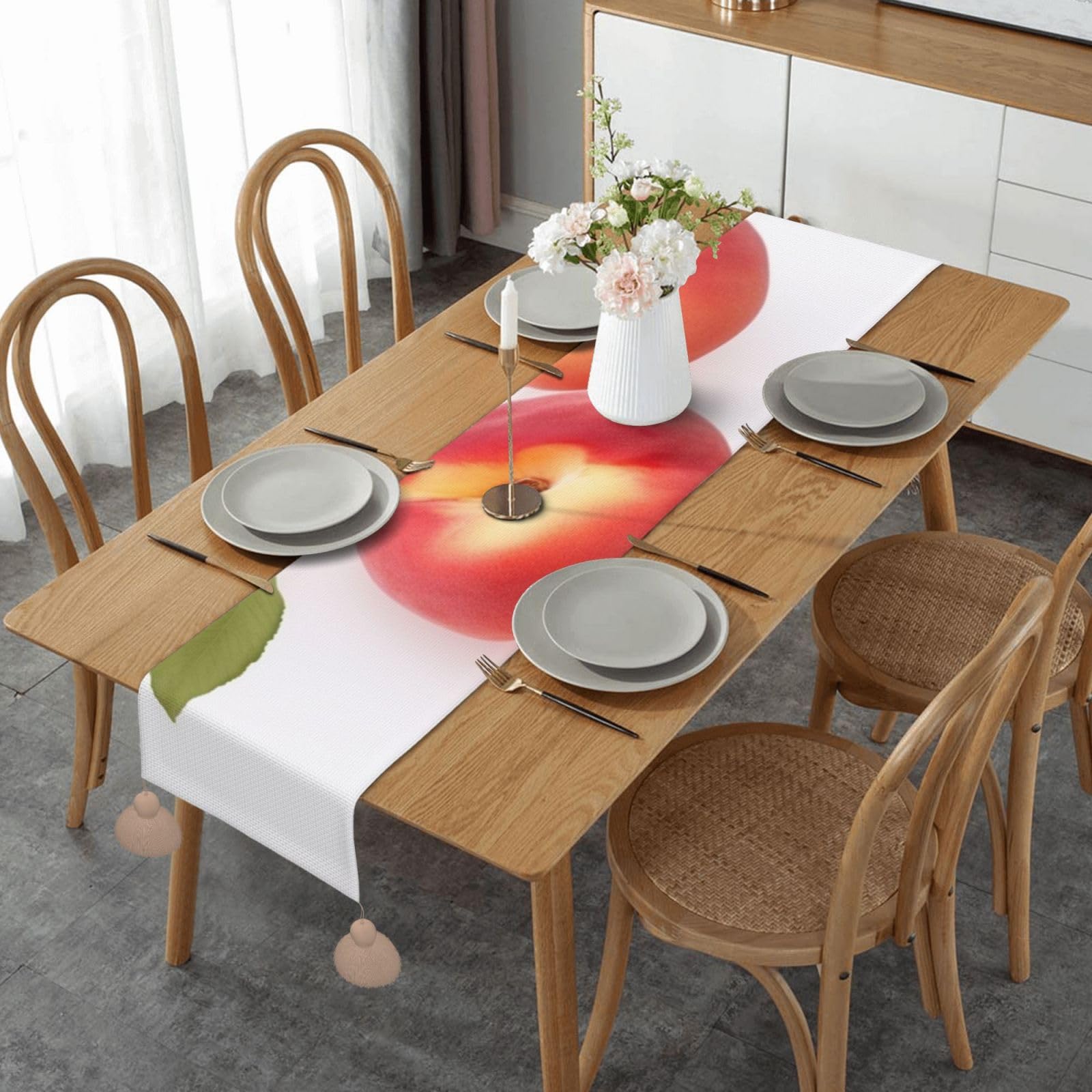 Chemin de table en lin rose motif pêche d'automne 35x152 cm pour décoration de buffet de mariage