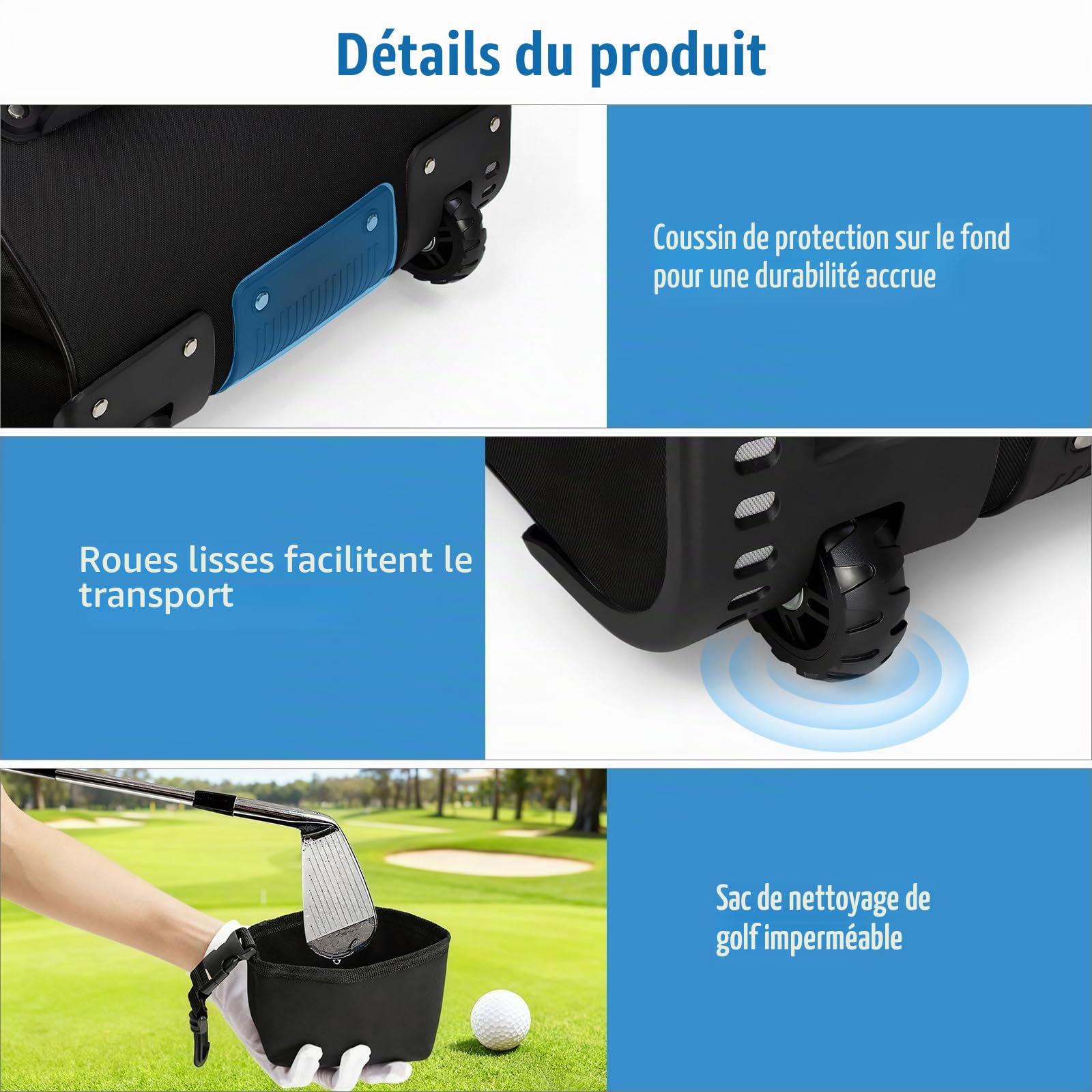 Sac de Voyage de Golf à roulettes | étui de Transport de Golf en Tissu Oxford 900D épais et Imperméable avec Sac de Nettoyage pour Clubs et Balles