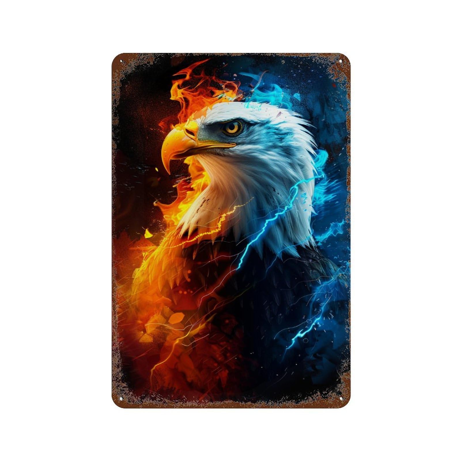 Eagle Fire & Ice Art Print Weathered Tin Sign 11.8"x7.9", for Shed, Workshop And Garage Wall Decor, Decorative Metal Wall Art