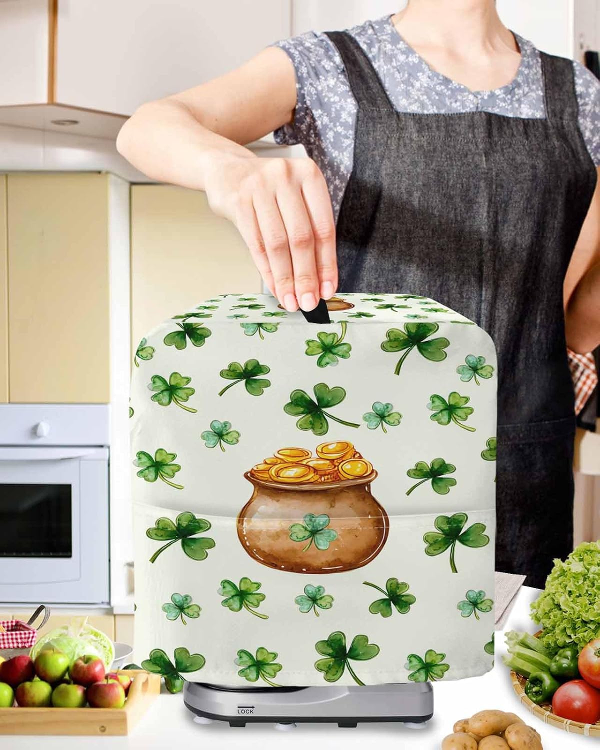 St. Patrick's Day Stand Mixer Cover with Storage Pocket, Waterproof Kitchen Mixer Covers, Spring Gold Coin Botanical Clovers Leaves Kitchen Appliance Dust Cover Compatible with 5-8 Quart Mixers