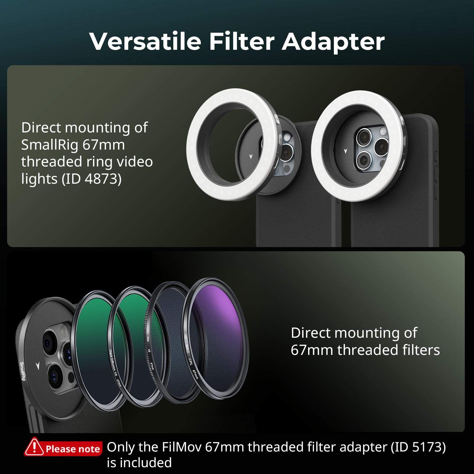 SMALLRIG Adaptador de Filtro Roscado FilMov de 67 mm para Funda de Teléfono SMALLRIG (para iPhone 16 Series 4987/4988), Compatible con Filtros de 67 mm y Luces de Vídeo LED (4873) - 5173