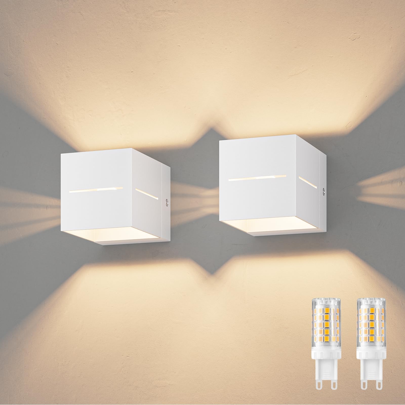 Klighten 2 Pezzi 5W Lampade da Parete per Interni Bianco Caldo 3000K Applique da Parete Con G9 Lampadina Sostituibile, per Portico, Scala, Corridoio,Balcone (Bianco)