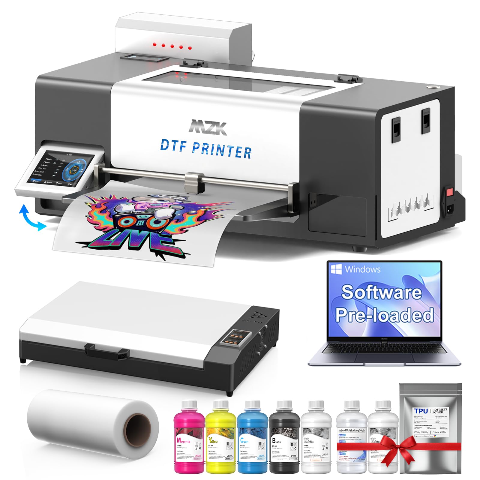 MZK A3+ XP600 Gen2 F1080 Upgraded DTF Printer,Auto Cleaning Maintenance+Ink Anti-Clog Filter,2X-Speed Compared to L1800,5" Rotatable Touch Screen,Dual Ink Level Alert,Film Cutter,Gift Ink 2 Years