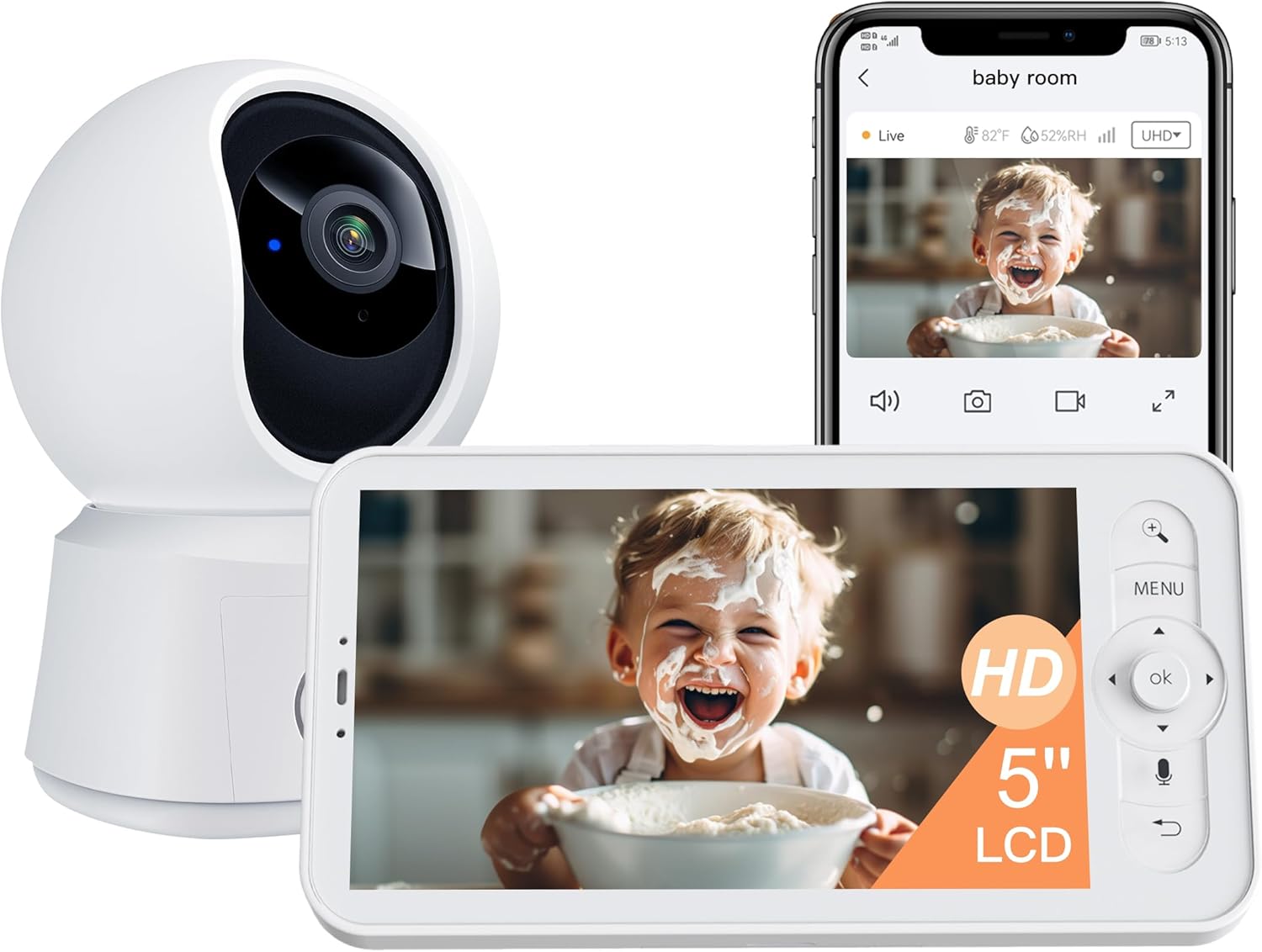 Product image of ARENTI Baby Monitor, Video Baby Camera with 5-Inch Wireless Display, 360° View, Auto-Night Vision, Temperature Sensor, Sound & Motion Detection, 2 Way Audio, VOX Mode
