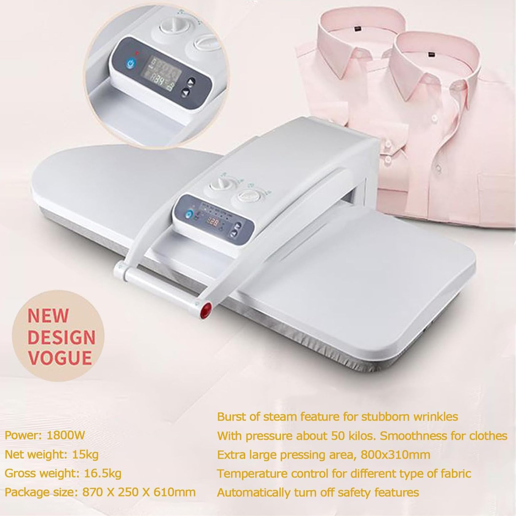 Presse à Repasser à Vapeur Intelligente,1800 W,Surface De Repassage De 800 X 310 Mm,Pression De 50 Kg,Réservoir D'eau De 300 Ml,Pour Draps,Taies D'oreiller,Serviettes Et Autres Textiles Withstand
