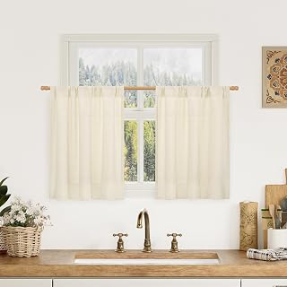 LAMIT Light Beige Linen Curtains 24 Inches Long for Small Windows 2 Panels