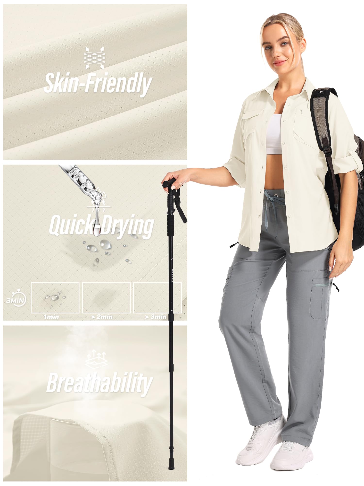 Camisa Safari para mujer, protección solar UPF 50, secado rápido, manga larga, senderismo, pesca, viajes al aire libre