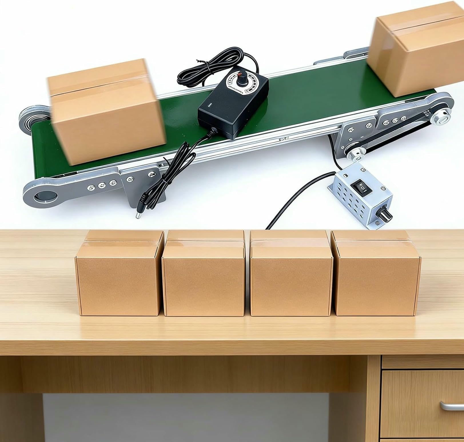 Cinta transportadora de PVC de escritorio pequeña de 10 x 100 cm con pausa y motor eléctrico