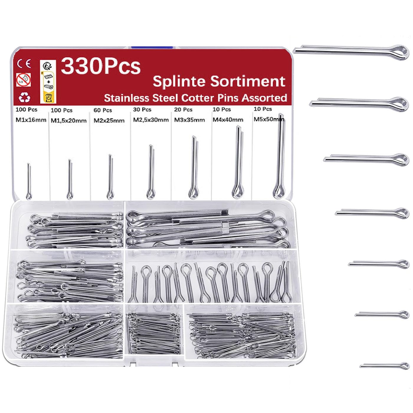 Zestaw 330 sztuk zawleczek ze stali nierdzewnej M1, M1.5, M2, M2.5, M3, M4, M5, A2, stal nierdzewna, zawleczka zabezpieczająca do narzędzi Cars Garden Tools