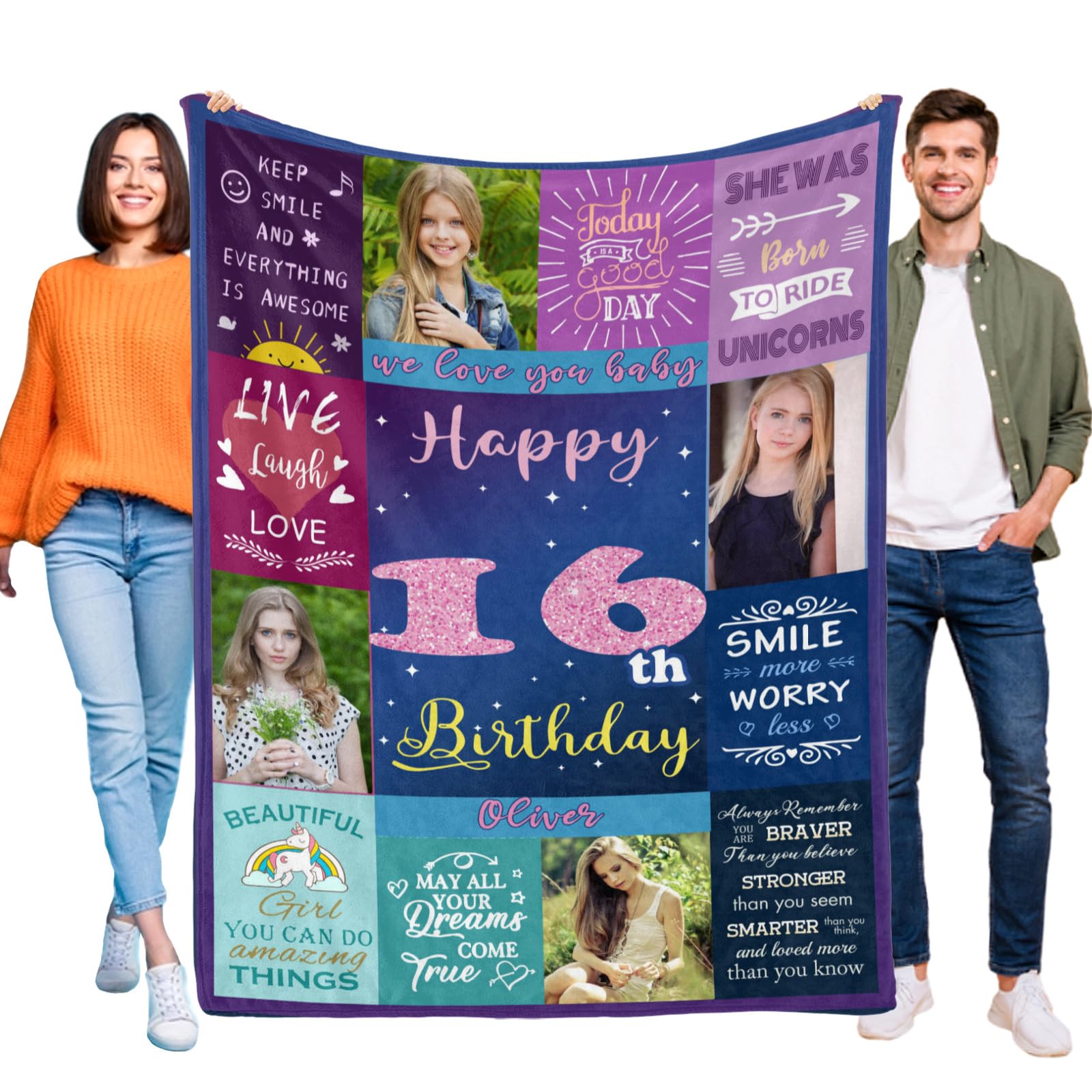 Kendt Personalised 16th Birthday Gifts for Girls, Custom 16th Birthday Blanket with Photos,16 Year Old Gifts for Daugther,Sister,Niece,Friends,16th Birthday Presents Decorations for Girl — image 1