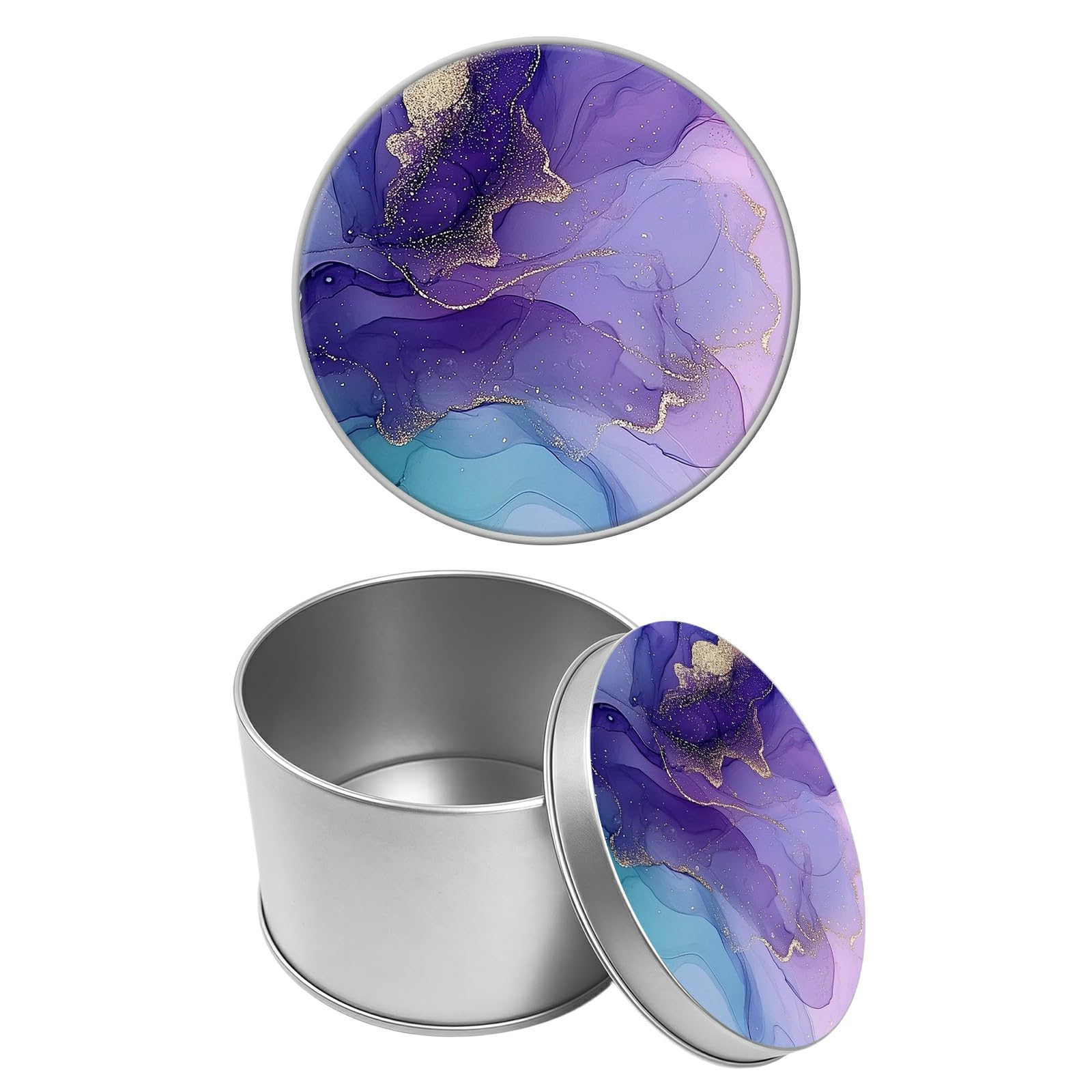 Round Metal Tin Container with Removable Lid, Purple Marble Durable Metal Storage Box for Cookies Spices Tea Candies Cakes Jewelry Cosmetics 3.54 x 2.36 inch– Single Pack
