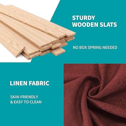 Miniatura 7 de BALUS Marco de cama tamaño King, marco de cama moderno con cabecera tapizada y soporte de listones de madera con respaldo ancho de ala, no necesita